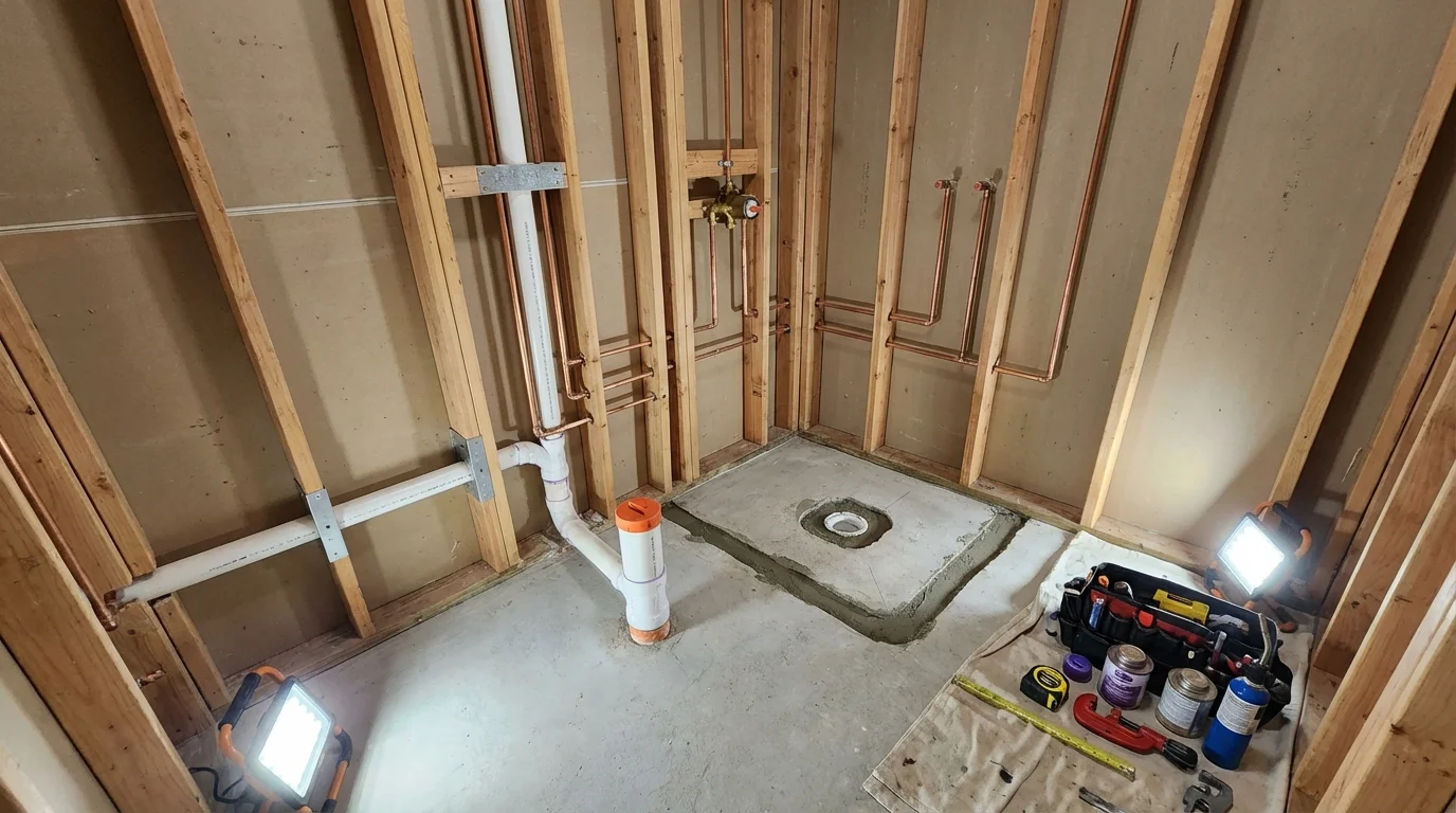 Bathroom rough-in plumbing during remodel by Johns Plumbing LLC in San Benito