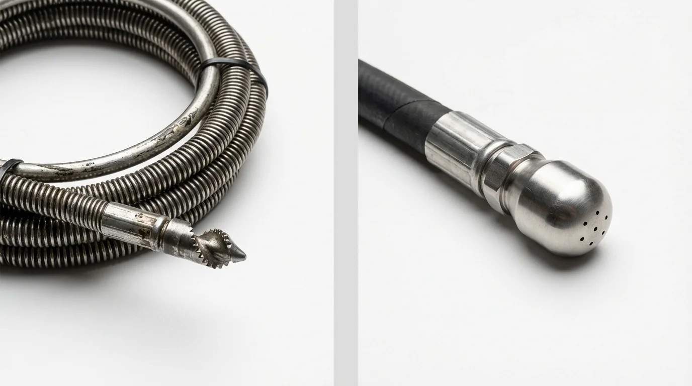 Drain snake cable and hydro jetting nozzle used for drain cleaning in San Benito, TX