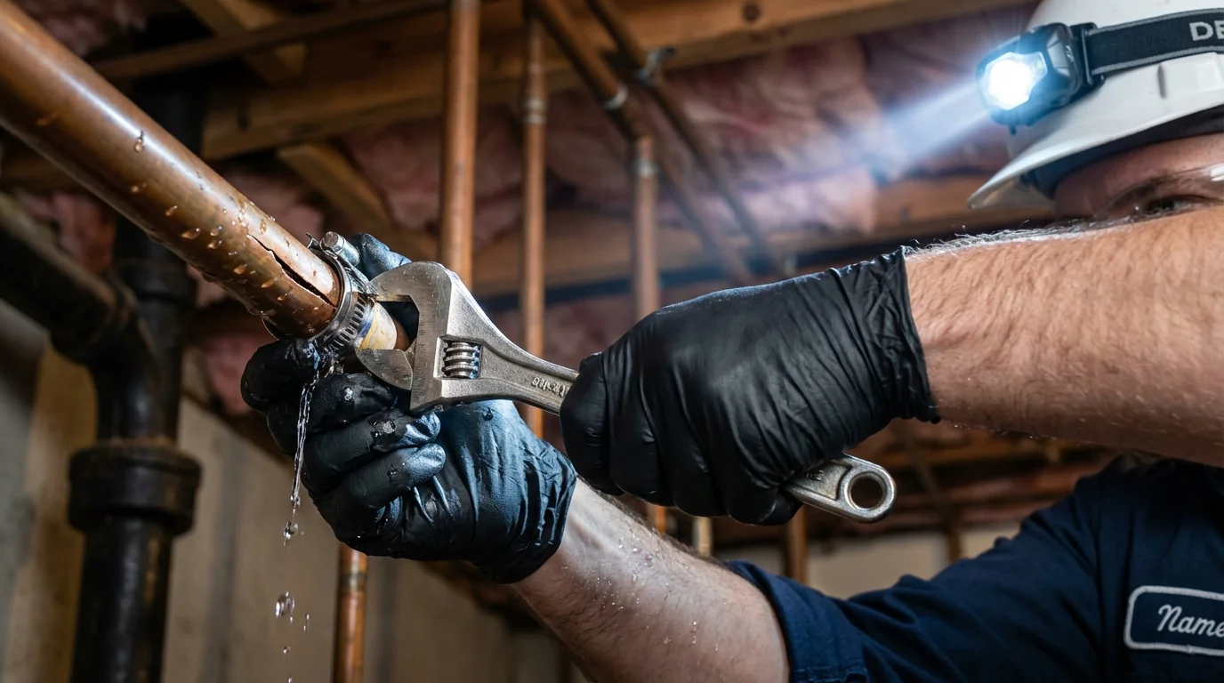 Emergency pipe clamp repair being performed by a Johns Plumbing LLC plumber in San Benito